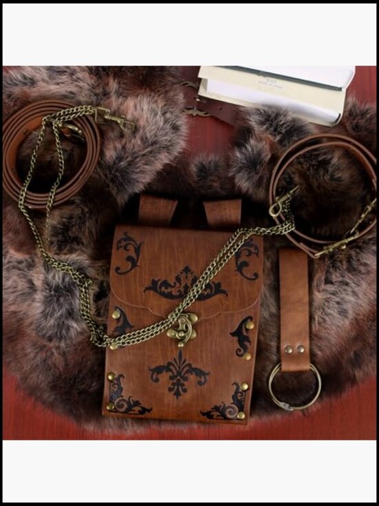 Medieval Belt with Renaissance Bag & Detachable Chains, Faux Leather Waist Pouch main image 7